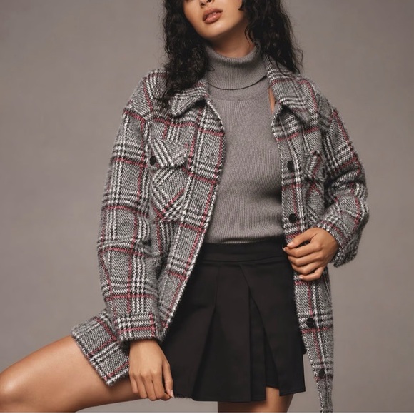 Anthropologie Greylin fuzzy Gray Plaid Cape Jacket/ shacket - Picture 2 of 8